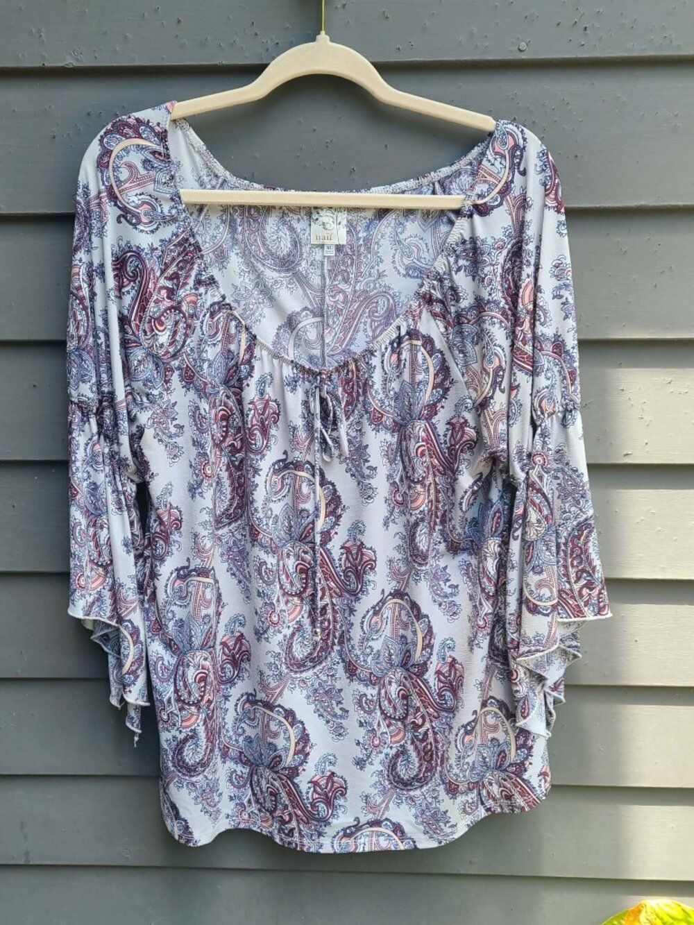 NAIF Gray Burgundy Peasant Top Size XL